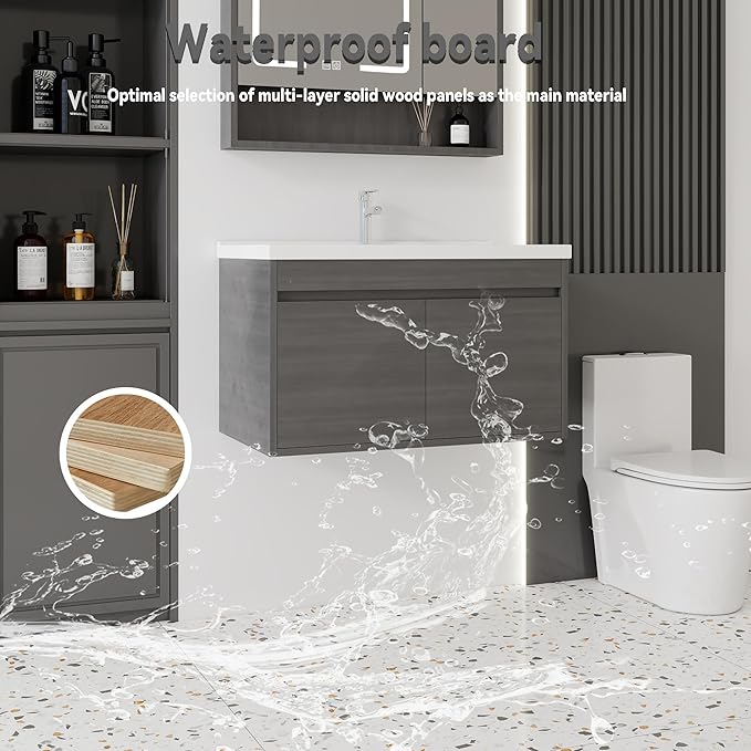 32'' Bathroom Vanity with Ceramic Sink Combo, Wall Mounted Small Bathroom Vanity with Soft-Close Door Modern Floating Cabinet, Pop-up Drain, P-Trap Included, GreyWalnut(No Faucet)
