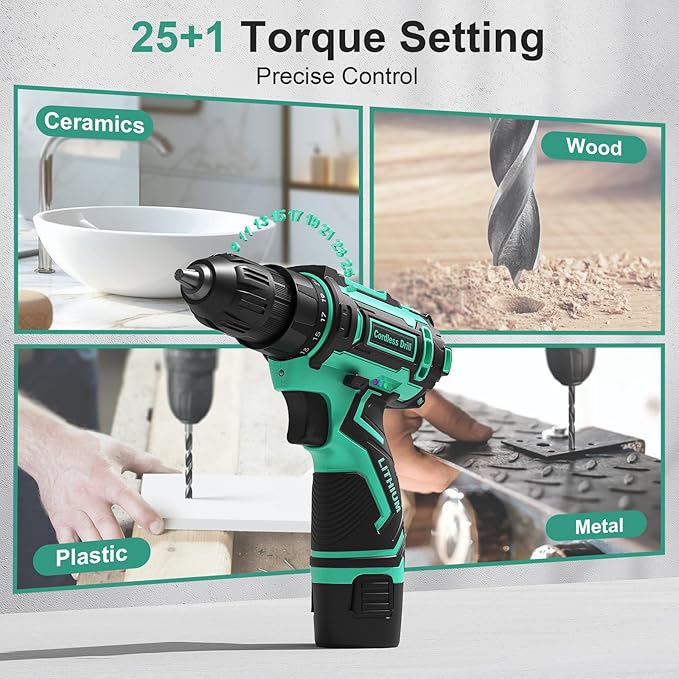 Cordless Drill Set,12V Power Drill Driver 3/8" Keyless Chuck with 42 Acessories, Built-in LED Light, 25+1 Position, Electric Drill for Home DIY Projects(Cyan)