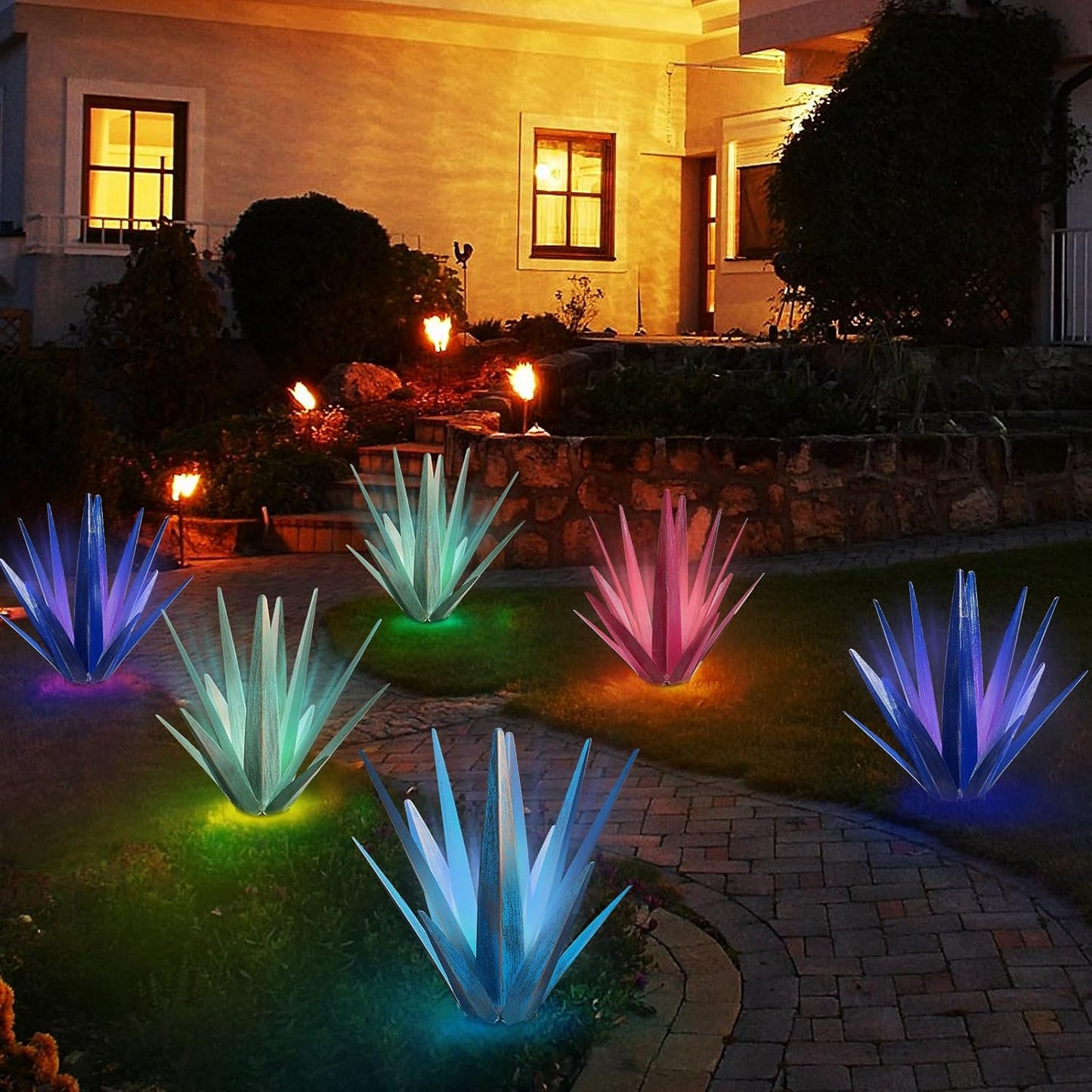 Large Tequila Rustic Sculpture, Rustic Metal Agave Plants for Outdoor Patio Yard, Home Decor Hand Painted Metal Agave Garden Yard Statue, Outdoor Lawn Ornaments (Dark Blue - L (W/Solar Light))