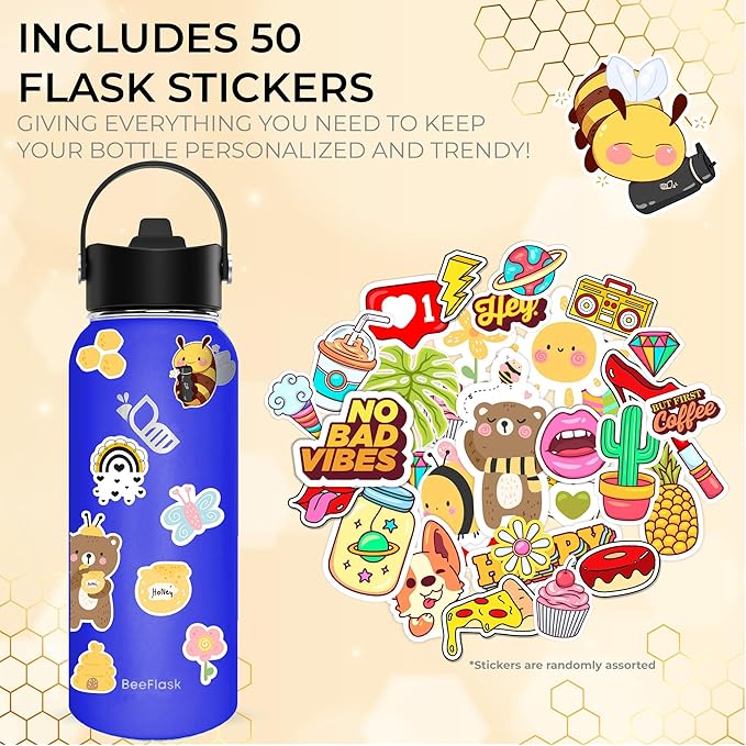 Sports Water Bottle - 32 Oz, 3 Lids (With straw), 50 Cute Stickers, Vacuum Insulated, 308 Stainless Steel, with a Portion of Sales Supporting Bee Conservation Efforts (Blue)