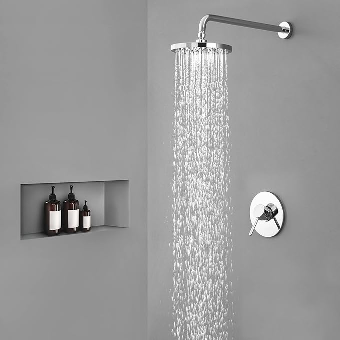 KES Shower Valve and Trim Kit Rain Shower Head Shower Faucet Set Complete Wall Mount Pressure Balance Shower Fixture Polished Finish, XB6202F18-CH