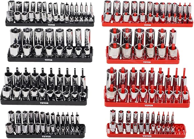 VEVOR Socket Organizer Set, 8PCS High-Rod Socket Holder, 1/4'', 3/8'' & 1/2'' Metric SAE Socket Trays with Clear Labels, Hold up to 176PCS Standard & Deep Sockets, Black & Red (Socket Not Included)