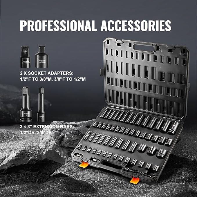 VEVOR Impact Socket Set 3/8" & 1/2" Socket Set 59PCS SAE 5/16" to 1-1/4" and Metric 6-32mm, 6 Point Cr-Mo Alloy Steel for Auto Repair, Easy-to-Read Markings, Rugged Construction, Storage Case