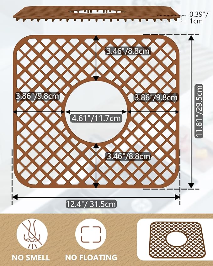 2 Pack Silicone Sink Protector for Kitchen Sink, Lozenge Pattern 12 x 11" Sink Grid Mat Silicone Protectors, Center Drain, Coffee