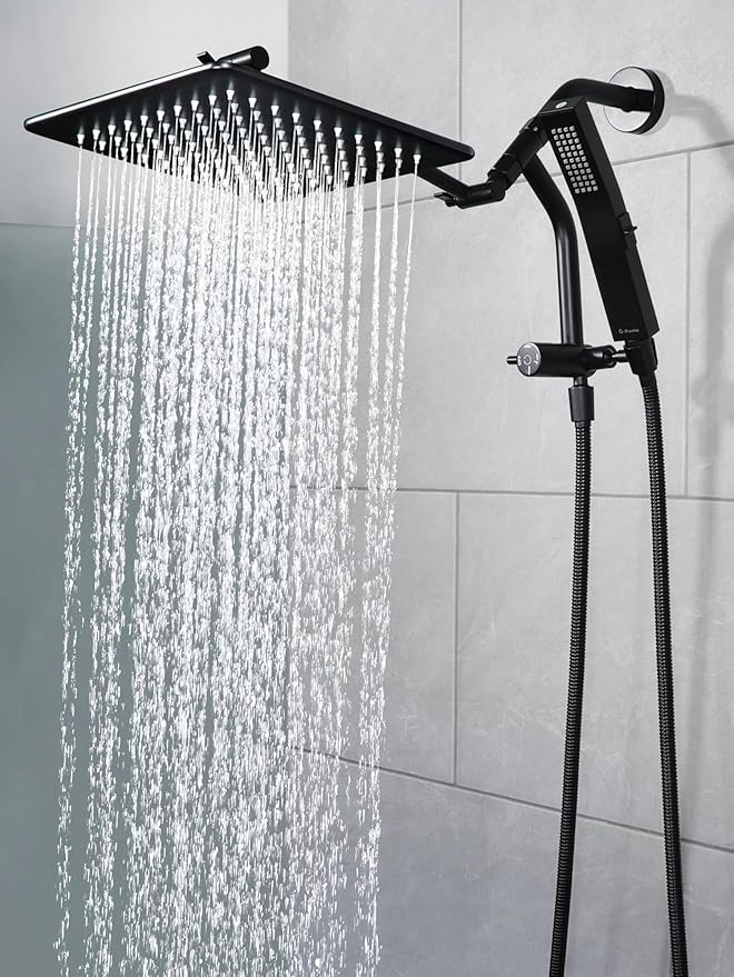 G-Promise All Metal 10 Inches Rain Shower Head with Handheld Built-in Power Wash Mode, 3-way Diverter with Pause Setting, 11 Inches Adjustable Extension Arm with Lock Joint, Long Hose (Matte Black)