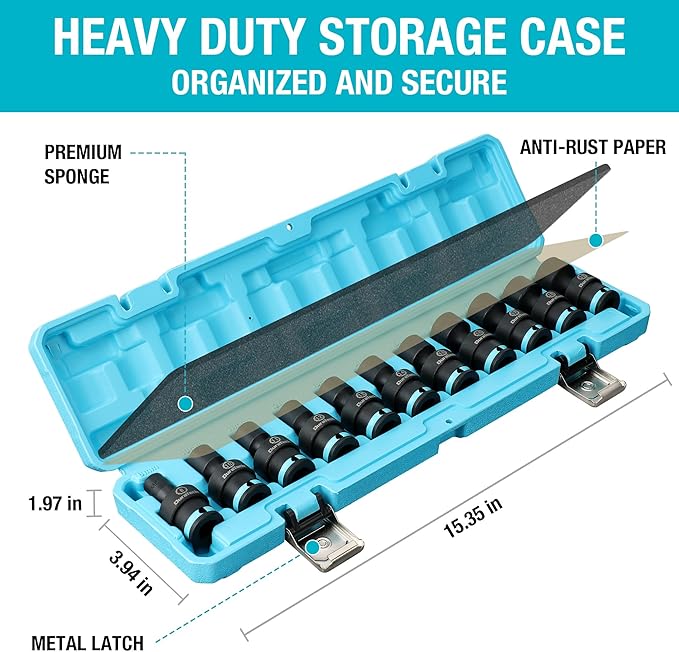 DURATECH 3/8" Drive Impact Swivel Socket Set, 11-Piece Shallow Wobble Socket Set, Metric, Cr-Mo Steel, 6 Points, Organized in Sturdy Storage Case(8-19mm)