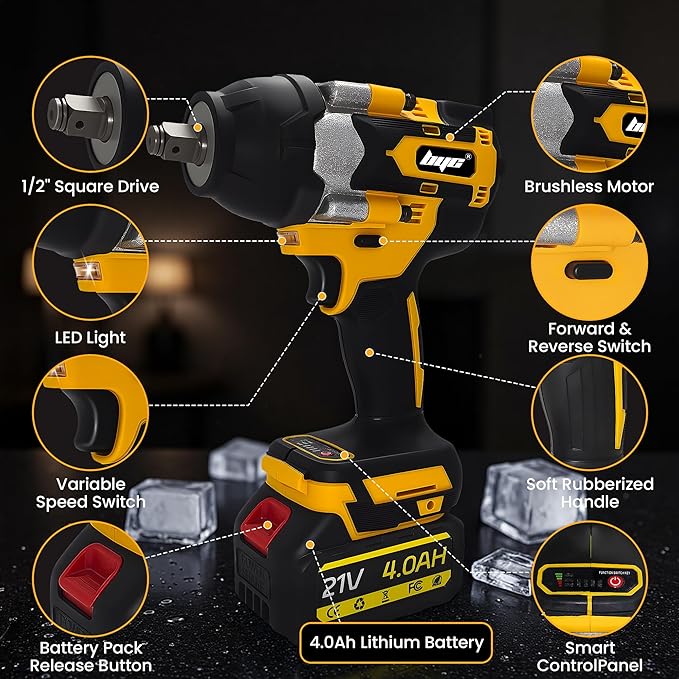 Cordless 1/2 Inch Impact Wrench,1000 N.m(740 Ft-lbs) Brushless High Torque Electric Impact Gun, 3300RPM Power Impact Driver, 2x 4.0AH Li-ion Battery,Charger & 6Pcs Sockets for Car Home DIY Furniture