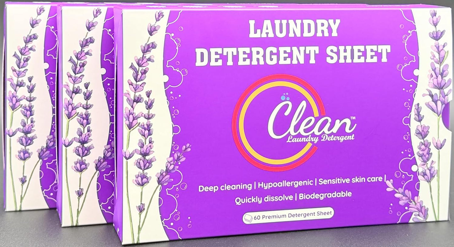 Clean Laundry Detergent™ – Hypoallergenic, Eco-Friendly, Plant-Based, Biodegradable, 100% Natural – Gentle on Skin & Fabrics, Lavender Scent, 60 Premium Laundry Detergent Sheet (Lavender)