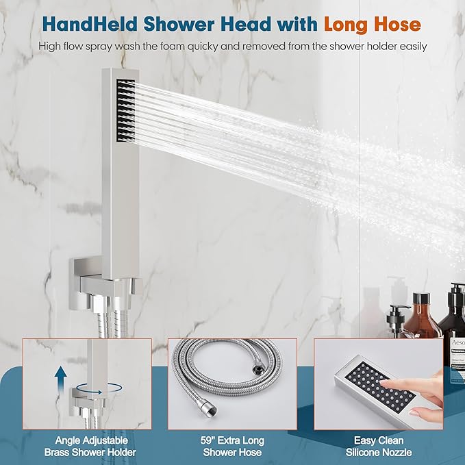 Shower System, 10'' High Pressure Brushed Nickel Shower Head with Handheld Spray Combo, Included 59'' Shower Hose, Shower Trim Kit and 2-IN-1 Diverter, Bathroom Shower Faucet Set with Valve