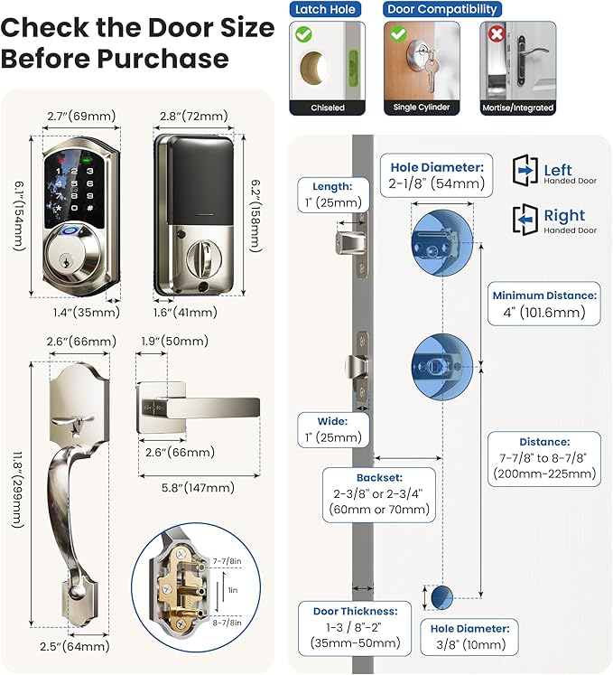 Veise VE07-H Fingerprint Smart Locks for Front Door with Handle Set, App Control, Keyless Entry Keypad Deadbolt, Digital Electronic Touchscreen, Easy Install, Auto Lock, Satin Nickel
