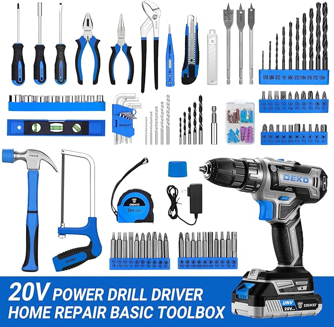Blue Drill Tool Kit Set: 20V Cordless Power Drill Tool Box with Battery Electric Drill Driver for Men Home Hand Repair Basic Toolbox Tools Sets Drills Case
