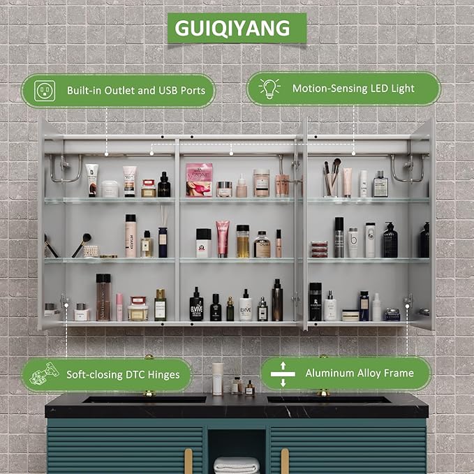 Medicine Cabinet with Lights, Bathroom LED Mirror Cabinet with Storage, Anti-Fog & 3 Color Lights, Recessed or Wall Mounted (60X32 in)