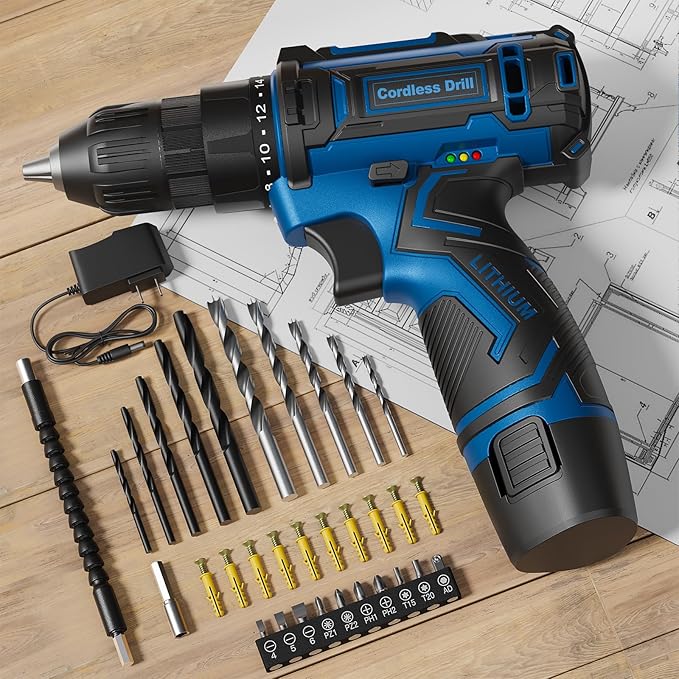 Cordless Drill Set,12V Power Drill Driver 3/8" Keyless Chuck with 42 Acessories, Built-in LED Light, 25+1 Position, Electric Drill for Home DIY Projects(Blue)