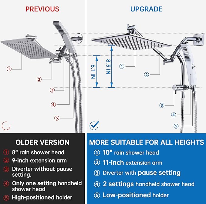 G-Promise All Metal 10 Inches Rain Shower Head with Handheld Built-in Power Wash Mode, 3-way Diverter with Pause Setting, 11 Inches Adjustable Extension Arm with Lock Joint, Long Hose (Chrome)