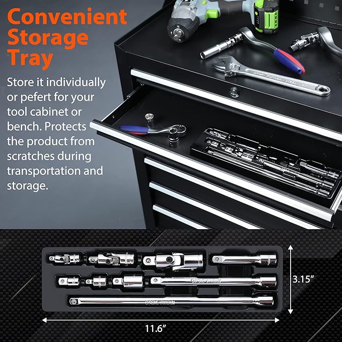 VALUEMAX 9 PCS Socket Accessory Set, Includes 3/8" Drive Extension Bar Set, 1/4", 3/8" & 1/2" Drive Universal Joints and Adapters, Chrome Vanadium Steel with Mirror Finish, Chrome Plated