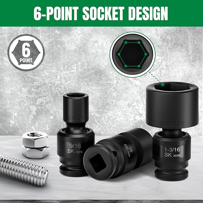 SK 1/2" Drive Universal Swivel Impact Socket Set, SAE Socket Set, 13-Piece, Premium CR-MO Steel, SureGrip 6 Point Design, with Storage Case