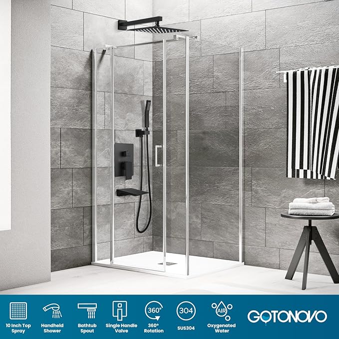gotonovo Shower System with Tub Spout,Waterfall Tub Shower Faucet Set for Bathroom Head and Handle Set Wall Mounted 3 Function Rough-in Valve and Trim Included 10 inch Shower Head Matte Black