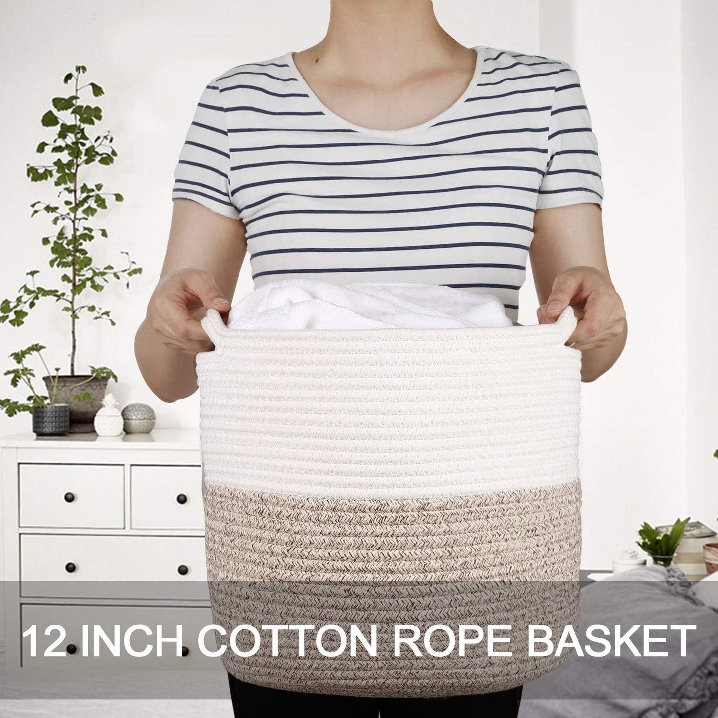 Woven Cotton Rope Plant Basket for 11 inch Flower Pot Floor Indoor Planters,Decorative Small Basket for Plants Storage Organizer Modern Home Decor (12" x 12", Khaki)