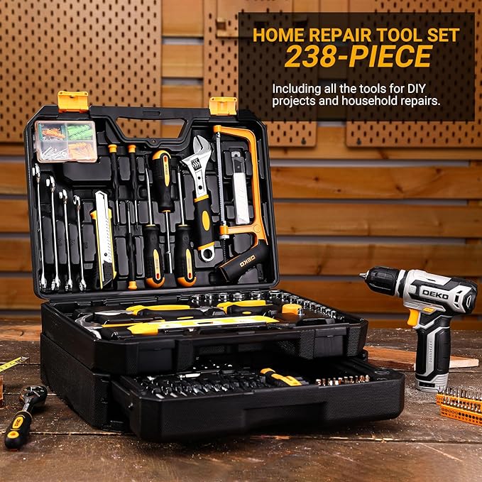 Tool Kit Box Drill Set:DEKOPRO Home Mechanic Toolbox with 12V Power Cordless Drill Hand Repair Tools Sets Combo Kits Storage Organizer Drawer Case for Men