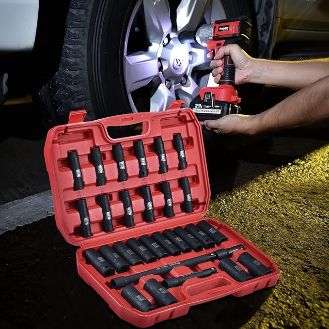 AOBEN 1/2-Inch Drive Impact Socket Set, 29 Pieces, 6 Point, SAE/Metric, (3/8" - 1", 10mm - 24mm), Deep, Cr-V Steel, Includes 3", 5", 10" Extension bars