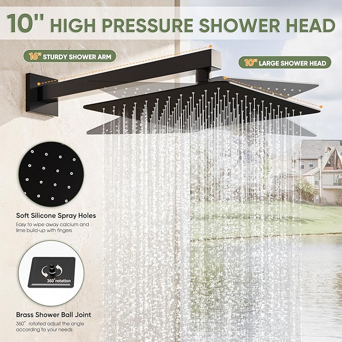 Black Shower System, Wall Mounted Shower Faucet Set with Valve, 10-Inch Rainfall Shower Head with Handheld Combo Spray, 59'' Long Shower Hose and Shower Trim Kit, Matte Black