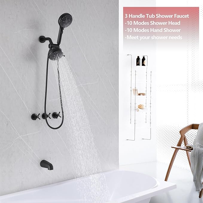 3 Handle Tub Shower Faucet Matte Black Bathtub Shower Faucet Set With Tub Spout, Tub and Shower Trim Kit with Valve