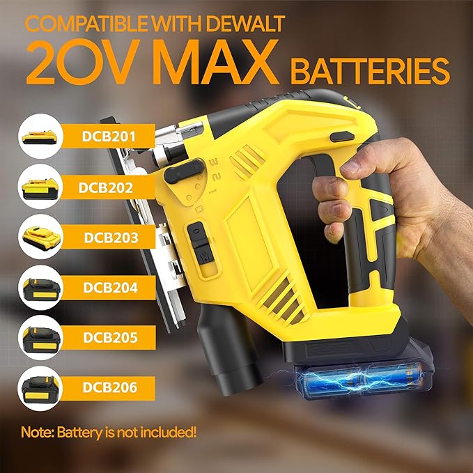 Cordless Jigsaw Compatible with Dewalt 20V Max Battery (No Battery), Brushless Motor, 7 Variable Speed, 45° Beveled Cuts, 3 Orbital Action Settings, Ideal for Wood, PVC, Metal Cutting