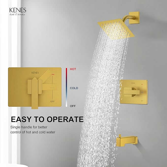 KENES Brushed Gold Shower Trim Kit, Modern Shower Faucet with Single-Spray Square Stainless Rain Shower Head, Tub and Shower Trim Kit Gold, KE-6025A-4 (Shower Valve Included)