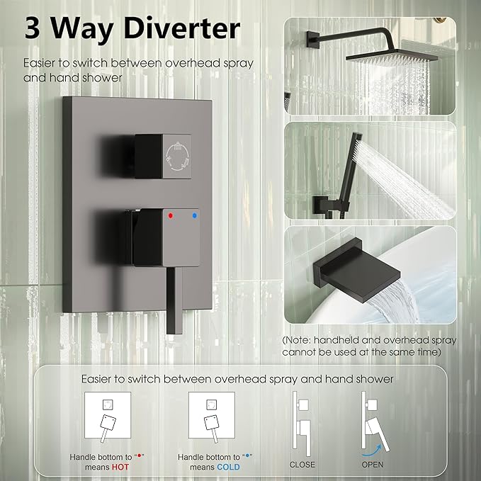 Esnbia Shower System with Tub Spout,Black Bathtub Shower Faucet Set,10 Inches Rain Shower Heads with Handheld Spary Combo, Tub Shower Kit with 3-Way Shower Valve, Matte Black