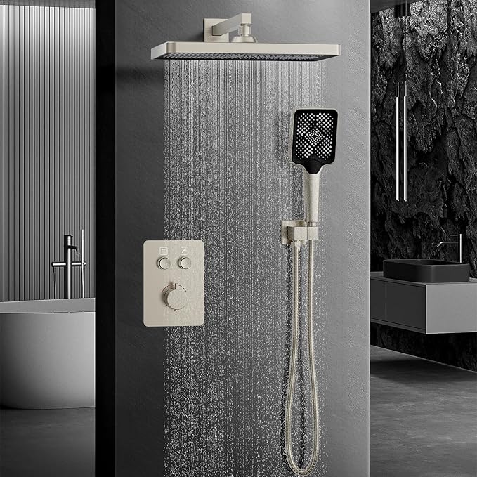 Iriber Thermostatic Shower System Wall Mount with Adjustable Water Flow Push Button Diverter,13 Inch Nickel Rectangle Rainfall Shower Head and Handheld,Brushed Nickel
