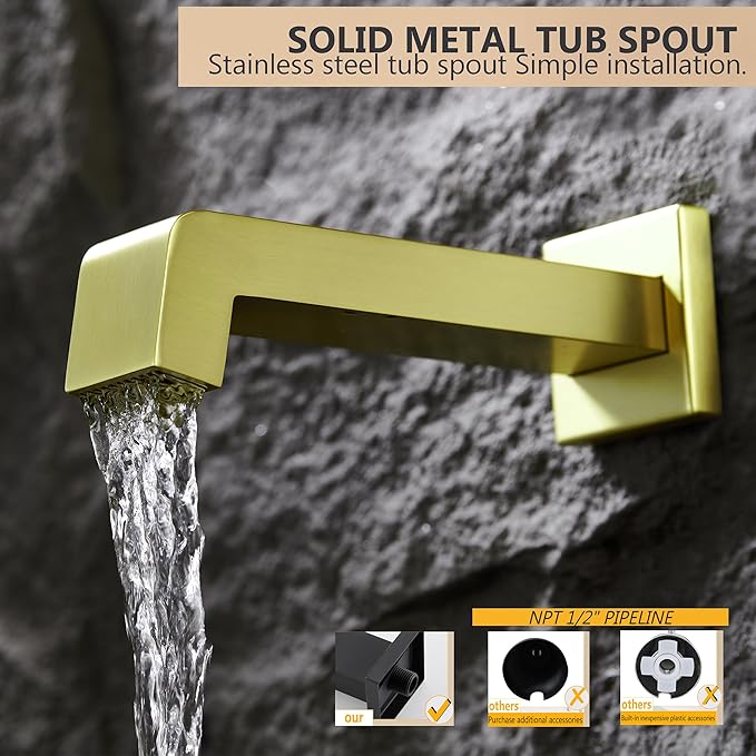 Brushed Gold Shower Fixture, Gold Shower Faucet Set Shower Heads with Handheld Spray Combo and Tub Spout, All Metal Shower Head Combo and 3-Way Diverter,Gold Shower Head and Handle Set