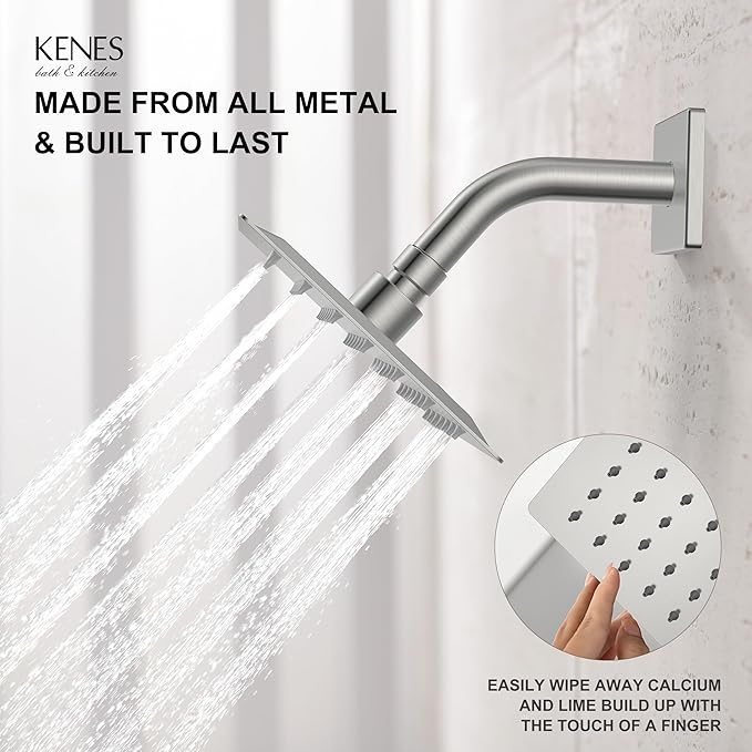 KENES Brushed Nickel Tub and Shower Trim Kit, Shower Faucet with Single-Spray Rain Shower Head, Square Stainless Shower Faucet Set, KE-6025A (Shower Valve Included)