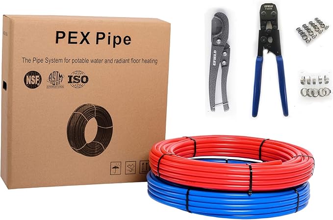 EFIELD Pex-b Pipe/Tool Kit-Pex-b Pipe/Tubing Blue & Red 1/2 inch 2 x100 ft(200 ft) Length for Potable Water &Hot/Cold Water, Pipe Crimper, Cutter, 30 Pcs Stainless Steel Clamps