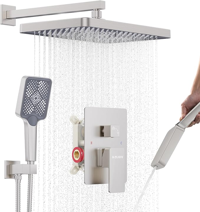 Shower System 13-Inch Rainfall Shower Head - 3 Setting Handheld Sprayer, Complete Bathroom Set with Faucet Mixer Trim Kit & Valve Brushed Nickel