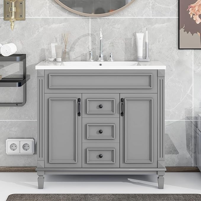 Merax 36” Bathroom Vanity with Sink, Freestanding Single Bathroom Sink Vanity Cabinet Set with 36” Countertop & Integrated Sink, 2 Doors & 2 Drawers (Sink Cabinet Only, Gray)