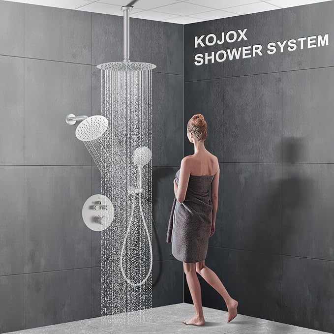 KOJOX Brushed Nickel Thermostatic Shower System, Push Button Diverter Shower Faucet Set with 12" Ceiling Mount Rain Shower, 8" Wall Mount Shower Head, and 3-in-1 Handheld Spray