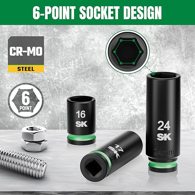SK 1/2" Drive Impact Socket Set, 30-Piece Metric Sockets, Deep 10mm to 24mm, Shallow 8mm to 24mm, Premium CR-MO Steel, SureGrip 6 Point Design, With Storage Case