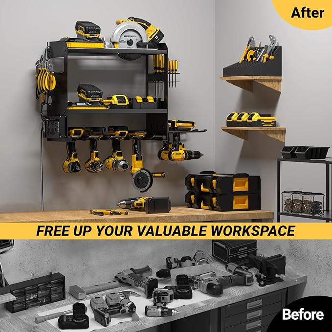 YYR Power Tool Organizer Wall Mount with Charging Station, Cordless Tools Hanger and Battery Storage Rack for Garage Organization, Heavy Duty Drill Holder Shelf Build in Metal Power Strip - Black