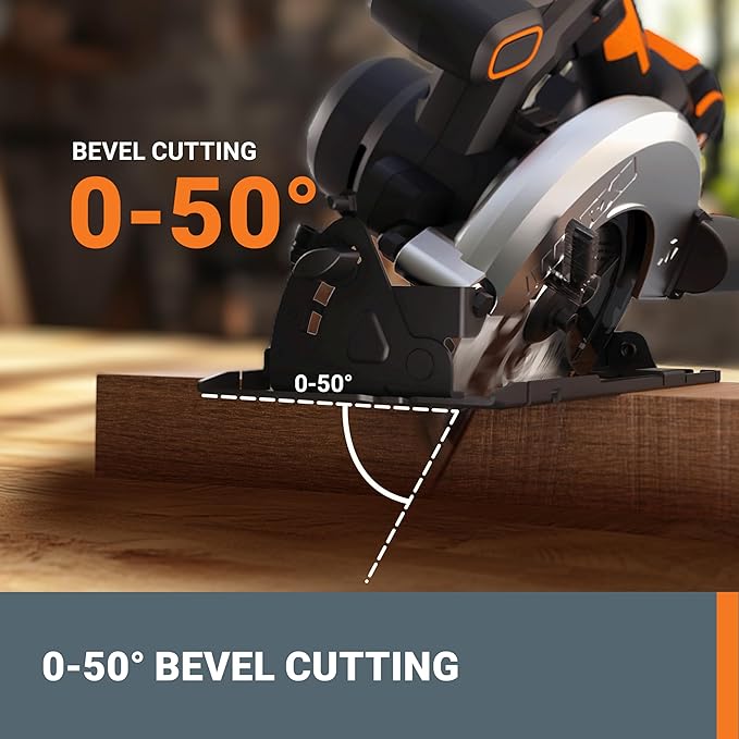 Worx 20V Cordless Electric Circular Saw 6-1/2'' Max. 2-3/16" Cutting Depth 4700 Rpm 0-50° Bevel Capacity 2.0 Ah Battery and Charger Included WX526L