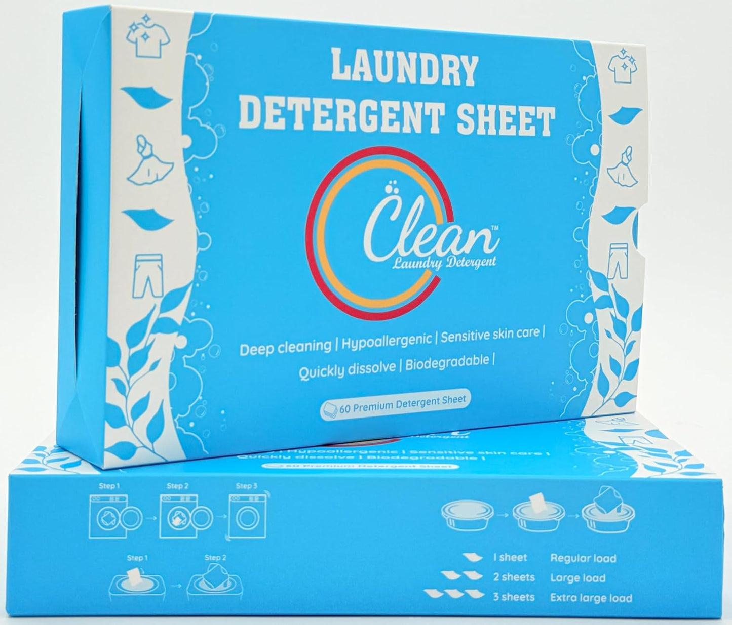 Clean Laundry Detergent™– Hypoallergenic, Eco-Friendly, Plant-Based, Biodegradable, 100% Natural – Gentle on Skin & Fabrics, Fresh Scent, 60 Premium Detergent Sheet