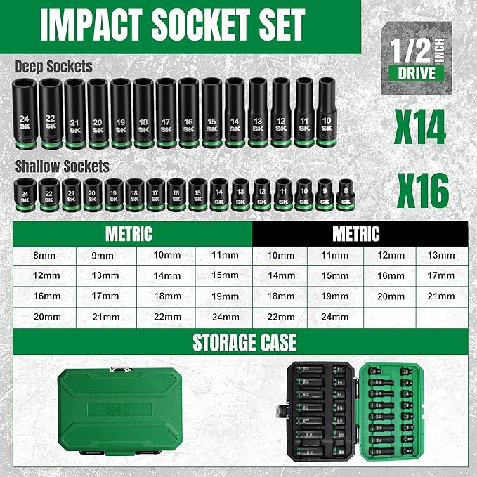 SK 1/2" Drive Impact Socket Set, 30-Piece Metric Sockets, Deep 10mm to 24mm, Shallow 8mm to 24mm, Premium CR-MO Steel, SureGrip 6 Point Design, With Storage Case