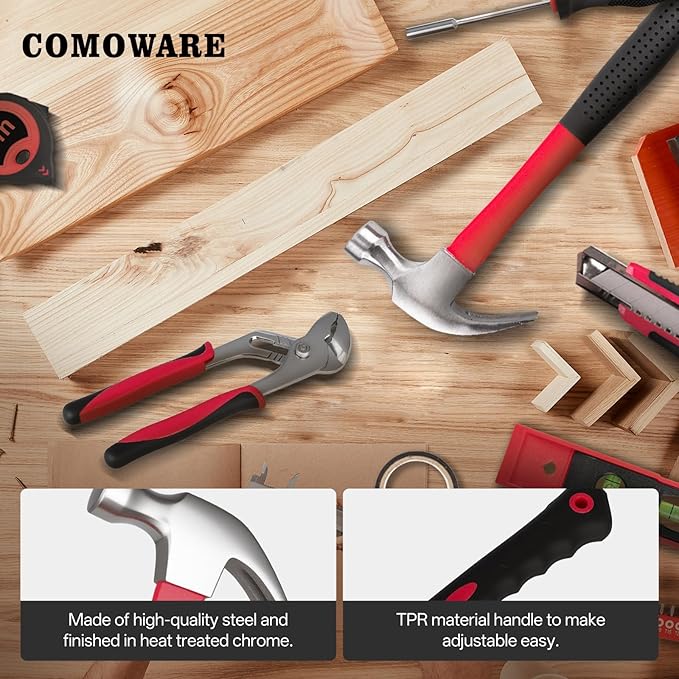 COMOWARE 218 Pcs Home Tool Kit - Basic Household Hand Tool Set, Truck Tool Kit Socket Wrench Combination Tool Set for Home with Plastic Toolbox Storage Case, Rv tool set,Red