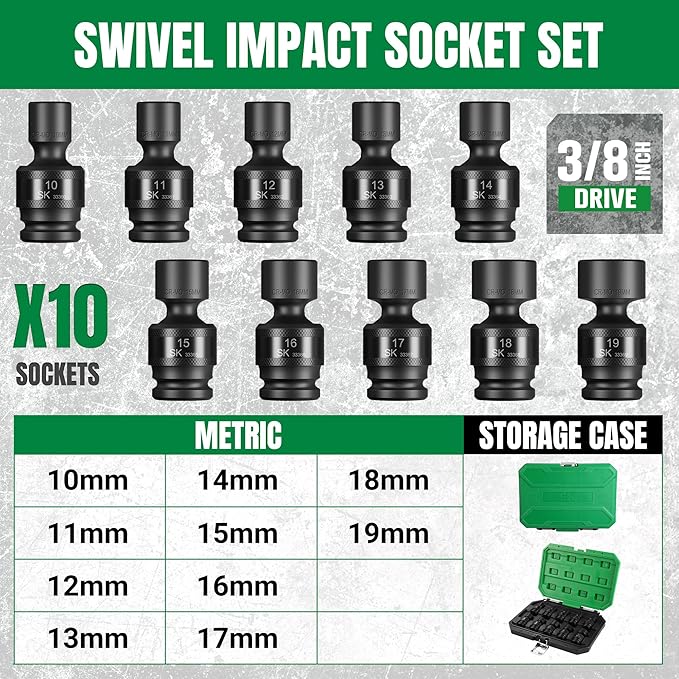 SK 3/8" Drive Universal Swivel Impact Socket Set, Metric Socket Set, 10-Piece, Premium CR-MO Steel, SureGrip 6 Point Design, with Storage Case