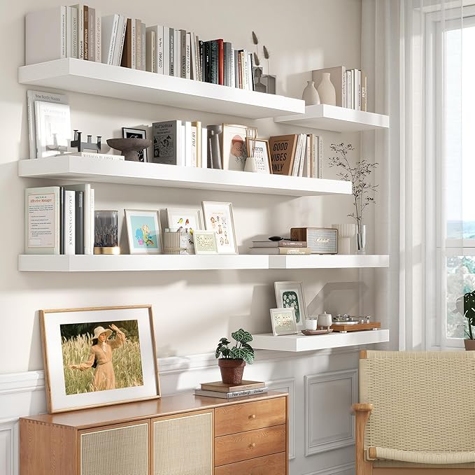 White Floating Shelves for Wall - 72 Inch Wide x 12 Inch Deep Wall Shelves Set of 1 - Rustic White Wood Shelves for Living Room, Bathroom, Laundry Room, Bedroom, Kitchen, Home Office