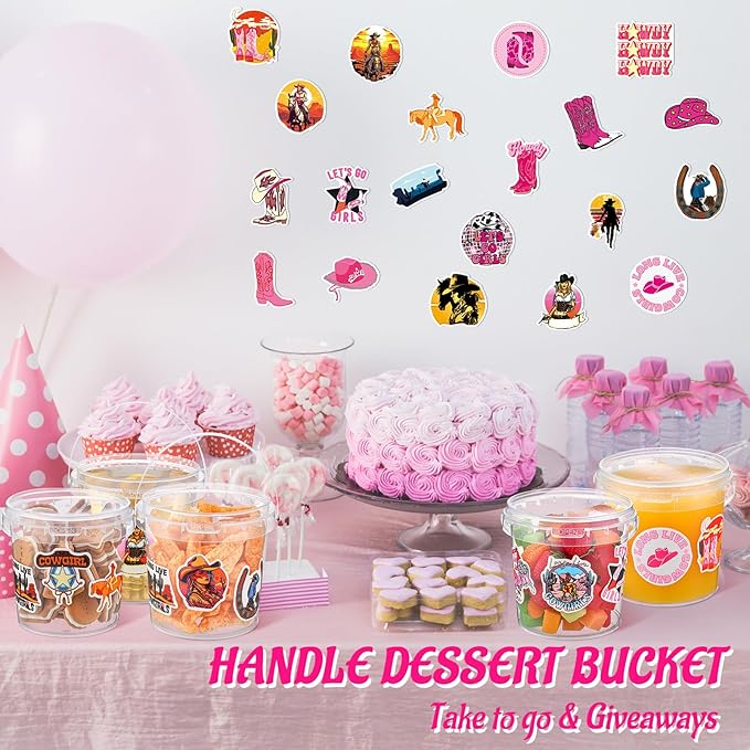 PerKoop 20 Pcs 32 oz Ice Cream Buckets with Lids and Handles Clear Cocktail Rum Buckets for Drinks with 200 Cowgirl Stickers Plastic Transparent Tub Reusable Food Storage Containers for Parties
