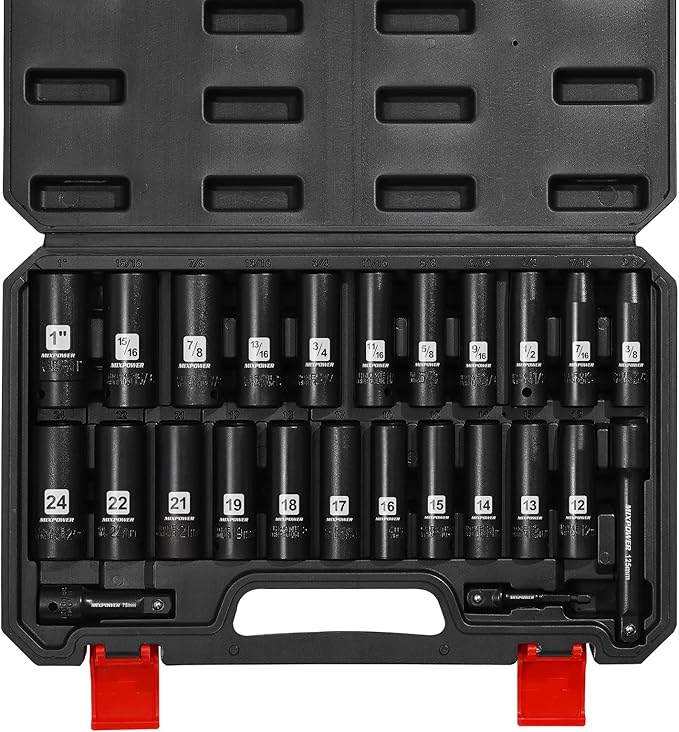 MIXPOWER 25 Pieces 1/2-Inch Drive Deep Impact Socket Set, CR-V, Metric/SAE, Includes 12mm to 24mm, 3/8-Inch to 1-Inch, 3", 5" Extension bars, 1/2"-1/4" Adapter