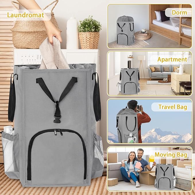 Laundry Bag Backpack Extra Large, 110L Laundry Backpack Heavy Duty with Shoulder Straps, Collapsible and Mesh Pocket Dorm Laundry Basket Hamper Bag for College, Travel, Laundromat, Apartment Grey