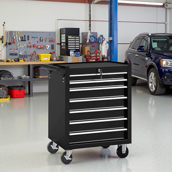 Tool Chest 7 Drawers Garage Storage Cabinet Steel Frame Tool Chest with Wheels, Top Storage Rack, Rubber Mat, Side Handle for Garage Workshop, Black