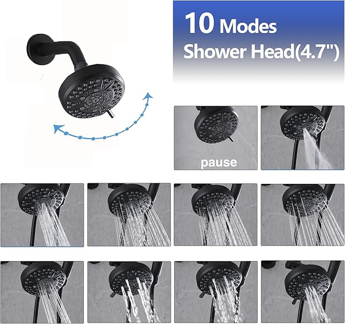 2 Handle Shower Faucet with Tub Spout Bathtub Shower Faucet Set, Tub and Shower Trim Kit Matte Black Wall Mounted