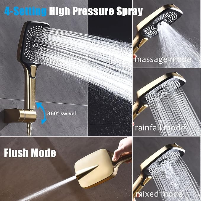 Shower Faucet Set Brushed Gold Rough-in Anti-Scald Pressure Balanced Valve Body Modern Luxury Wall Mounted 10 Inch Rain Mixer Shower System (Brushed Gold)